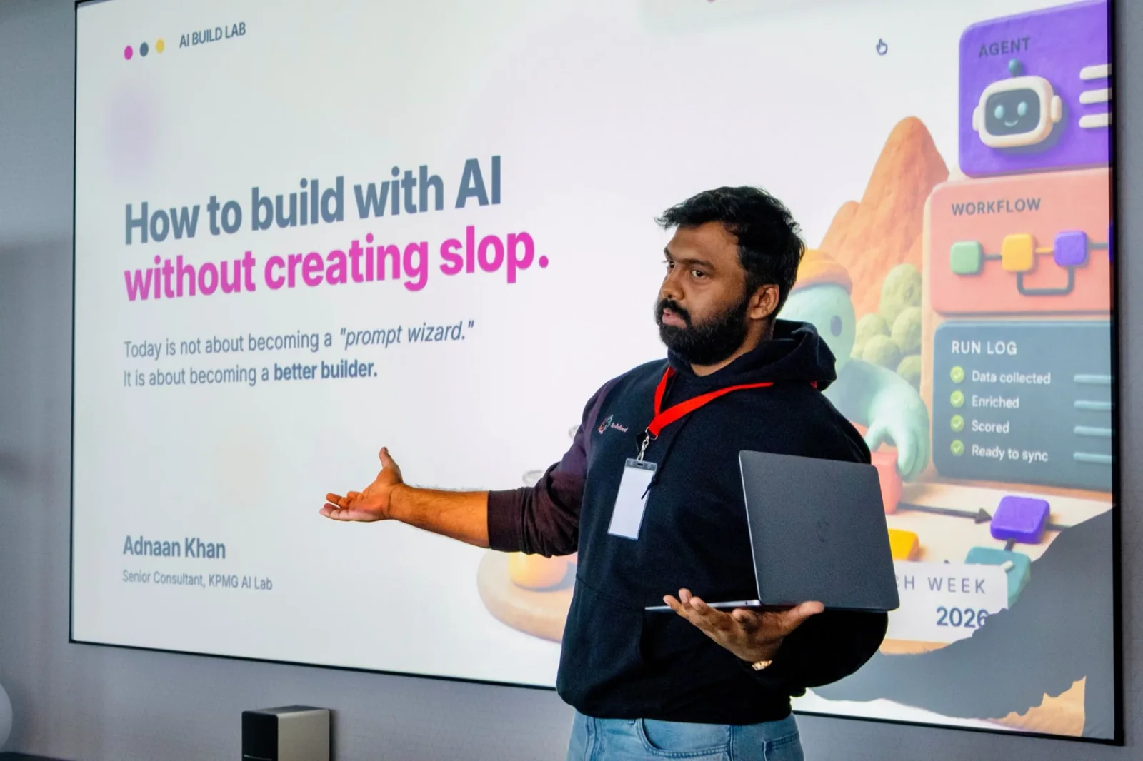 Adnaan presenting “How to build with AI without creating slop” at Toronto Tech Week